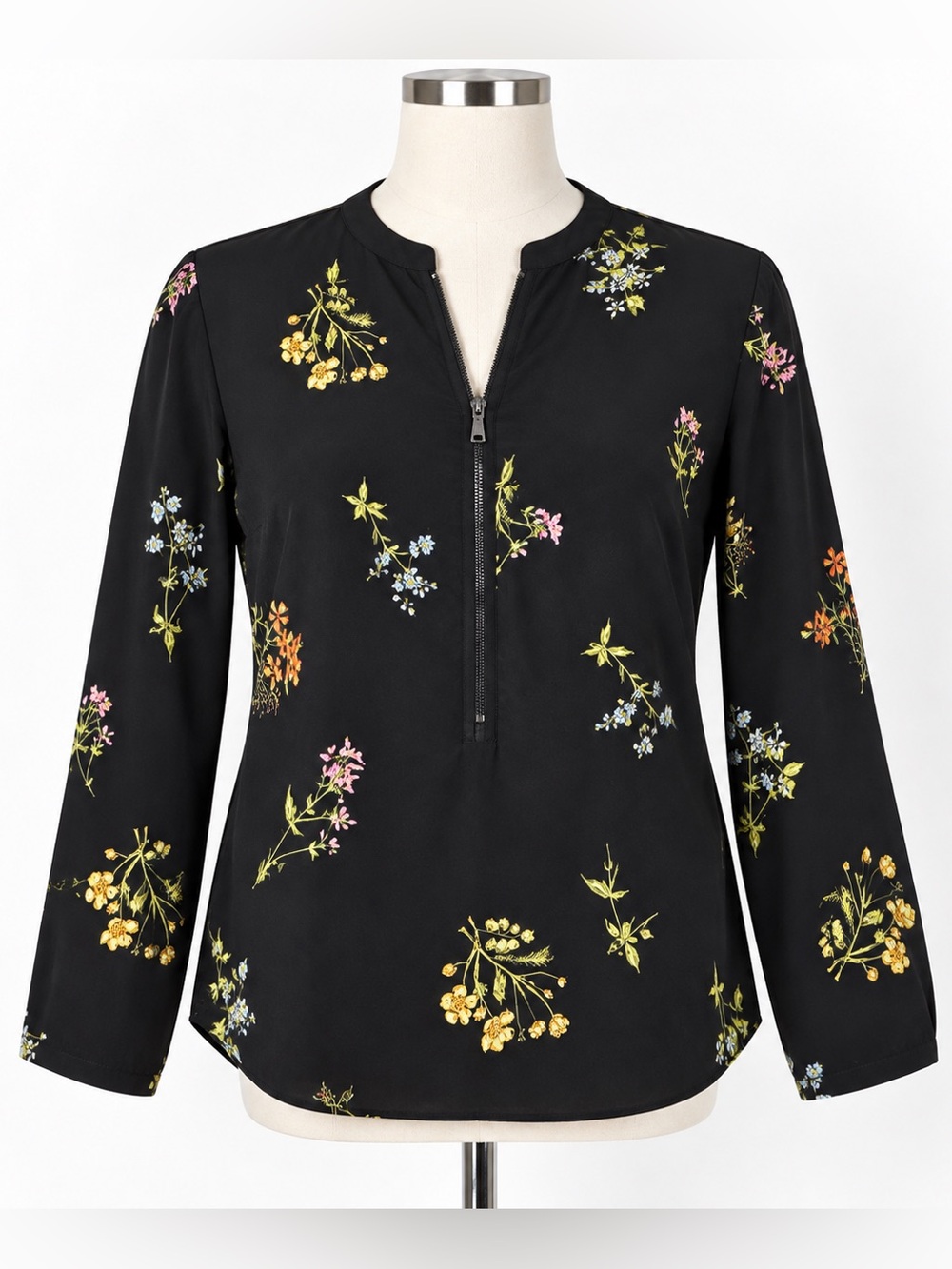 Catherine Malandrino Black Floral Zip Blouse – Size Small